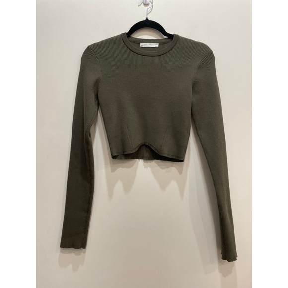 OAK + FORT Sweaters - Oak + Fort Green Ribbed Knit Long Sleeve Crop Top M Clean Girl Minimalist